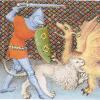 Eine französische Buchillustration zeigt, wie Ritter Iwein mithilfe seines Löwens gegen einen Drachen kämpft.  	