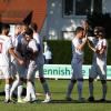 Die Spieler des BC Adelzhausen freuen sich über den überraschenden Derby-Sieg gegen Tabellenführer BC Aichach.