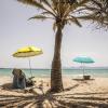 Die Balearen-Insel Mallorca lockt auch im Herbst:
Zwei Liegen unter Sonnenschirmen stehen bei schönem Wetter am Strand.
