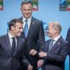 Emmanuel Macron, Präsident von Frankreich, Andrzej Duda, Präsident von Polen, Bundeskanzler Olaf Scholz (SPD) und António Costa, Ministerpräsident von Portugal, während des Nato-Gipfels in Vilnius.