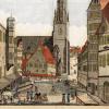 Johannes Müllers „Prospect des Marckts samt dem Rathaus und Haupt Kirche zu Nördlingen“ ist eine Ansicht der Trinkstube auf dem „Herrenmarkt“ vor der St.-Georgs-Kirche (Detail). Der Kupferstich entstand um 1820.  	