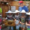 Mit Imkerschleier vor den Gesichtern beobachteten die Kinder die Bienenkästen – und trauten sich sogar, eine Wabe in die Hand zu nehmen. Mit dabei: die Hobby-Imker Otto Ulrich und Michael Faulhaber. 