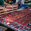 Ein Marktstand verkauft Erdbeeren, Heidelbeeren und Himbeeren.