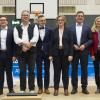 Podiumsdiskussion mit den Bürgermeisterkandidaten in der Mehrzweckhalle in Dießen, auf dem Podium (von links): die Kandidaten Hanni Baur, Florian Zarbo, Volker Bippus, Moderator Dominic Wimmer (Landsberger Tagblatt), Marianne Scharr, Roland Kratzer, Sandra Perzul (neue Bürgermeisterin) und Gabriele Übler.