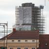 Die Baustelle der Garnisonkirche ist von einem Baugerüst verdeckt.