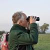 Kreisgruppenvorsitzender des Bund Naturschutz, Alexander Helber, sucht mit seinem Fernglas das Mertinger Ried nach Brachvögeln ab.