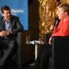Gregor Peter Schmitz und Angela Merkel beim Augsburger Allgemeine Forum live in Augsburg.