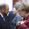 Der damalige EU-Parlamentspräsident Schulz (SPD) und Bundeskanzlerin Merkel 2014 in Brüssel. Im Herbst gehen die beiden ins Duell ums Kanzleramt.