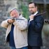 Die Schauspieler Jan Josef Liefers als Karl-Friedrich Boerne (rechts) und Axel Prahl als Frank Thiel bei den Dreharbeiten zum Tatort "Es lebe der König!"