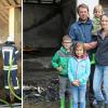 Tobias Kleimaier, mit seiner Familie, vor dem ausgebrannten Hackschnitzel-Vorratsbunker. Der war in der Nacht zum Freitag ausgebrannt.