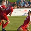 Kann der TSV Rain am Ende noch einmal so schön jubeln wie im Relegationshinspiel in Gebenbach? Die Chancen stehen nach dem 2:0-Sieg jedenfalls gut. Das Bild zeigt (von links) Marco Luburic, Maximilian Käser und René Schröder beim Torjubel.  	