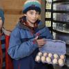 Im Verkaufspavillon von Uli Ernst (auf dem Foto seine Söhne Fridolin und Valentin) können die cremefarbenen Eier der Sandy-Hühner gekauft werden. 