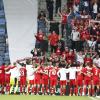 Union Berlin feiert den Erfolg gegen Haifa Maccabi mit den mitgereisten Fans. 