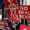 Pro-Brexit-Demonstranten halten bei einer Kundgebung vor dem britischen Parlament Schilder in ihren Händen. 