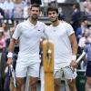 Carlos Alcaraz (rechts) hat Novak Djokovic in Wimbledon besiegt. 