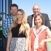 Der Chef und sein Organisationsteam für den Tag der offenen Tür bei Grünbeck in Höchstädt (von links): Matthias Wunn, Lorena Harlander, Günter Stoll und Johanna Öxler auf dem Balkon der Kantine mit Blick auf das Werksgelände.  	