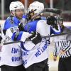 Grund zum Jubeln hatten die Riverkings (rechts Markus Rohde, links Alex Christian): Sie gewannen gegen Pfronten und Riessersee1b. 
