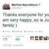 Martina Navratilova hat sich für die Glückwünsche zur Verlobung auf Twitter bedankt. 