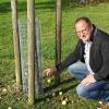 Bürgermeister Dietmar Höhenberger zeigt auf einen der angenagten Obststämme. 
