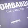 Das Logo des Zugherstellers Bombardier Transportation bei einer Pressekonferenz in Berlin.