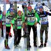 Vanessa Hinz, Laura Dahlmeier, Arnd Peiffer und Simon Schempp (von links) haben bei der Biathlon-WM Gold in der Mixed-Staffel gewonnen.