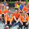 Die bunt gemischte Gymnastikgruppe des TSV Oettingen mit den Behindertensportlern der Diakonie Neuendettelsau. Zum letzten Training brachte das Quartett die bei den Special Olympics errungenen Medaillen mit.  	