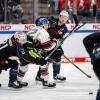 Maximilian Kislinger von den Nürnberg Ice Tigers (21) und Mirko Sacher vom AEV (12).