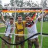 Martin Wiedemann, Johannes Landherr und Sebastian Schmid (von links) aus Ustersbach fahren zur Fußballweltmeisterschaft nach Brasilien. Martin hält ein Ticket für das Spiel Deutschland gegen Portugal am Montagabend in der Hand.