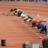 Endlauf-Start mit den schnellsten sieben U18 Sprinter Bayerns, unter ihnen mit Lucas Wiedemann (Dritter von unten) und Moritz Möckl (Zweiter von oben) zwei Leichtathleten der SpVgg Auerbach/Streitheim.