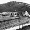 Die Aufnahme aus dem Jahr 1949 zeigt im Hintergrund den steil aufragenden Weiherberg, auf dessen Plateau im 10. Jahrhundert eine rund fünf Hektar große Wallanlage eingerichtet worden war. Pfeilspitzenfunde belegen, dass hier ein Angriff durch das Reitervolk der Ungarn erfolgte. 