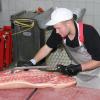 Die Live-Zerlegung einer Schweinehälfte durch Martin Neugebauer war ein Highlight des Fleischkunde-Kurses bei der Metzgerei Schreyegg. 	