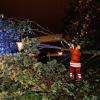 Feuerwehrmänner entfernen in Freiburg (Baden-Württemberg) einen umgestürzten Baum. In Südbaden sind viele Bäume durch einen Sturm umgefallen.