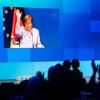 Die per Video live zugeschaltete Bundeskanzlerin Angela Merkel (CDU) verabschiedet sich nach ihrer Reder beim Tag der deutschen Industrie des Bundesverbandes der Deutschen Industrie (BDI).