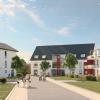 So soll das neue Wohnquartier einmal aussehen. Die Animation zeigt den Blick von der Greuter Straße auf die Häuser 1 bis 3. Insgesamt sollen sieben Mehrfamilienhäuser, Betreutes Wohnen und sechs Reihenhäuser entstehen.