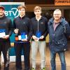 Siegerehrung bei den schwäbischen Meisterschaften in der Königsklasse der Herren. Von links: BTV Bezirkssportwart Stefan Ruess, Sieger Patrick Nystroem (TTC Bad Wörishofen), Zweiter Michael Feucht (TC Siebentisch Augsburg), Dritter Maximilian Heinzel (TC Rot-Weiß Gersthofen), Turnierleiter Herbert Heinzel und der Vorsitzende des TC Rot-Weiß Gersthofen, Günter Maurer, 	