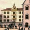 Der Annahof um 1820: links die 1894 abgebrochene Bibliothek mit der Sternwarte, im Hintergrund das 1615 von Elias Holl errichtete Anna-Gymnasium. 	