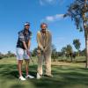 Entertainer Thomas Gottschalk (r) und sein Sohn Roman Gottschalk beim Abschlag auf dem Gelände des Golf Clubs.