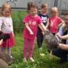 Die Bergheimer Kindergartenkinder bekommen tierische Mitbewohner: Erzieherin Monika Crusius und Bürgermeister Tobias Gensberger machten Kinder der Bärengruppe mit den Hühnern bekannt. 	