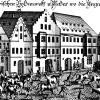 Diese Darstellung zeigt die Jakoberstraße um das Jahr 1730: „Prospect des Bayrischen Holzmarckt u. Plazes, wo die Ungarische Ochse getheilt werden in Jacober Vorstadt“.