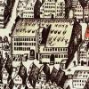 Ein Augsburger Stadtplan aus dem Jahr 1626: Die Stadtmetzg, rechts davon die Belzmühle mit zwei Wasserrädern und ein daran angebautes Wirtshaus (rote Dächer).