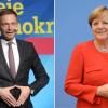 Der FDP-Bundesvorsitzenden Christian Lindner imitiert eine Geste der Bundeskanzlerin Angela Merkel (CDU).