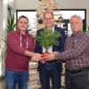 Stephan Hartinger (links) und Helmut Lang (rechts) überreichen Bürgermeister Andreas Scharf symbolisch vor dem nachhaltigen Weihnachtsbaum des Unternehmens eine Pflanze stellvertretend für die 1000 Bäume. 	