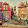 Aquarell von Joseph Eschenlohr aus den 1930er-Jahren: Der Augustusbrunnen ist noch von historischer Häuserkulisse umgeben.  	