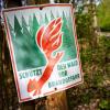 Ein Schild mit der Aufschrift «Schütz den Wald vor Brandgefahr» hängt in einem Wald an einem Weg.