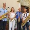Das Newton-Saxofon-Quartett bei seinem Konzert auf Schloss Haunsheim: (von links) Sebastian Oberbauer, Laetitia Schwende, David Jäger und Andreas Hüüs. 	