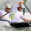 Die deutschen Kanuten Felix Michel (r) und Sebastian Piersig trainieren in Peking im Olympia-Park Shunyi auf der olympischen Kanu-Slalom-Strecke.