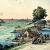 1819: Abfahrt eines Ordiniari-Floßes nach Wien an der Floßlände bei Lechhausen. Ein Holzhäuschen bot den einzigen Komfort für die Passagiere.