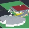 Der Plan zeigt, wie die neue Krippe von Langweid aussehen soll. Im Vordergrund der bestehende Kindergarten mit Zeltdach und Fahne. Auch die Krippe, im Hintergrund zu sehen (rotes Dach), bekommt Fahne und Zeltdach, allerdings wird der Bau quadratisch. 
