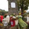 Blumen und Kerzen stehen in Freiburg vor einem Baum, wo die getötete Studentin gefunden wurde.