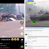 Ein ukrainischer Panzer kracht durch eine von Zivilisten Straßensperre. Das Original-Video (rechts) stammt aus dme Jahr 2014. 